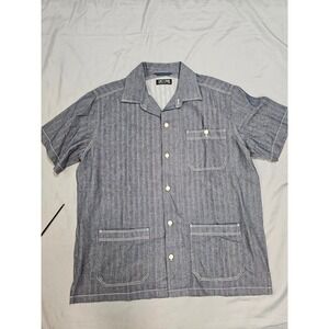Line of Trade Mens Blue Herringbone Cotton Short Sleeve Camp Shirt Large